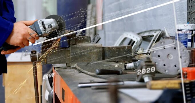 Operator engaging grinder shaping part repeating passes sparks starting as timeline sweeping right