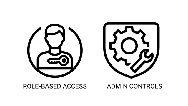 Role-based access and admin controls icons with user key and gear wrench shield symbols.