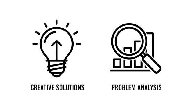 Creative solutions and problem analysis with lightbulb and magnifying glass on chart icons.