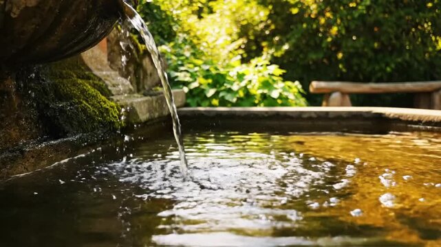 Rustic stone fountain nestled in a lush garden with mossy pattens and cascading water