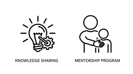 Lightbulb with gears icon for knowledge sharing, and adult and child silhouette icon representing mentorship program.