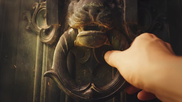 Ornate, antique brass lion head door knocker on a dark, weathered wooden entrance, illuminated by dramatic, moody cinematic light with dust particles.