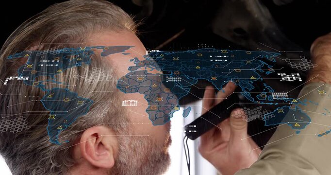 Male operator raising radio and speaking, causing digital map HUD expanding across maritime cabin
