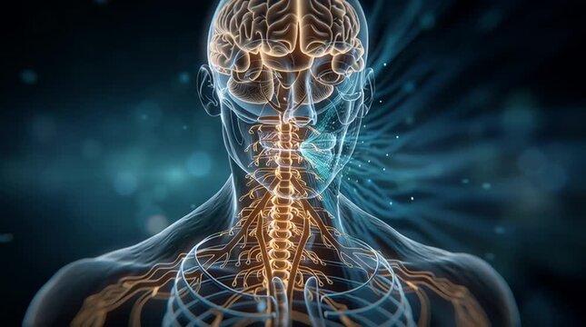 Intricate Neural Network: A captivating medical illustration showcasing the brain and nervous system, the intricate network of human thoughts, emotions, and bodily functions.