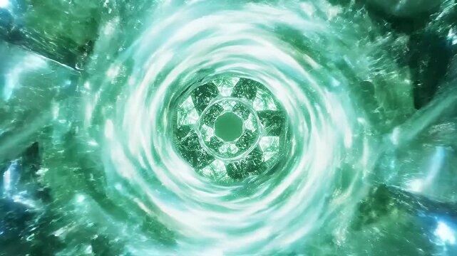 Abstract Glowing Energy Gateway - This video shows a brightly glowing, abstract, futuristic structure. It resembles a mystical energy gateway or dimensional portal with green light.
