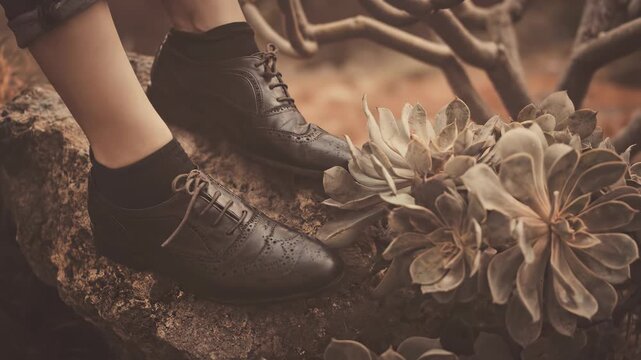 Brown brogue shoes and cuffed jeans resting on a rock
