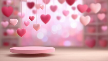 Blurred Pink Valentine'S Day Podium Featuring A Happy Valentine'S Day Love Holiday Greeting And Pink Glossy Hearts Suspended In The Air