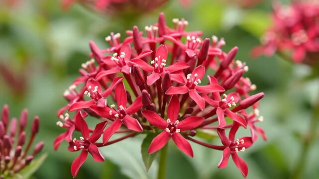 Closeup of a vibrant cluster of red Pentas flowers with delicate white centers blooming in a lush green garden on a sunny day showcasing intricate starshaped petals and natural beauty.