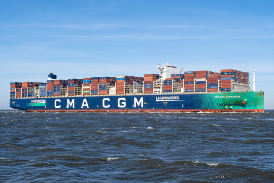 Cuxhaven, Germany - February 19, 2026: LNG powered container ship CMA CGM Concorde on the river Elbe