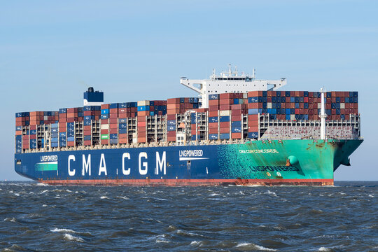 Cuxhaven, Germany - February 19, 2026: LNG powered container ship CMA CGM Concorde on the river Elbe