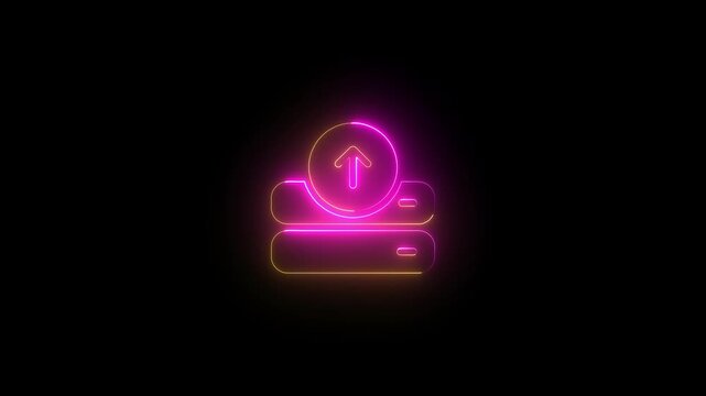Yellow and Pink Neon Upload Icon on Black Background neon technology icon animation video concept. 