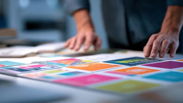 Medium shot of hands arranging colorful panels in a trifold brochure layout showcasing interactive design elements for engaging presentations.