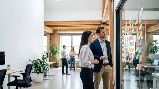 business colleagues brainstorming ideas on glass wall with sticky notes. agile project planning, corporate strategy discussion in office. teamwork collaboration, organization. banner, website header.