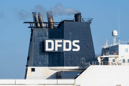 Cuxhaven, Germany - February 18, 2026: funnel of the DFDS ro-ro vessel Magnolia Seaways