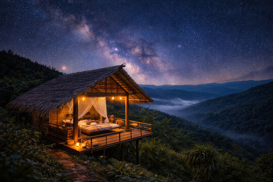 Luxury Bamboo Hut Under the Milky Way Galaxy &ndash; Romantic Mountain Getaway at Night
