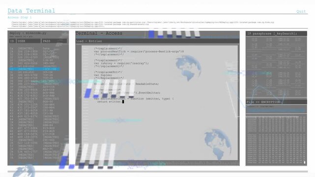 Washed frame resolving into terminal UI, center editor filling code, panels updating for monitoring