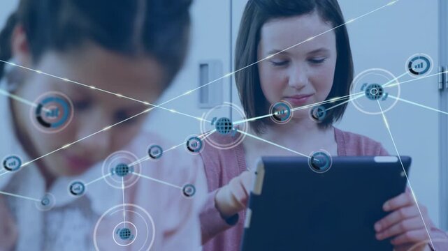 Teen student tapping tablet, creating node network with globe and graph icons, aiding education