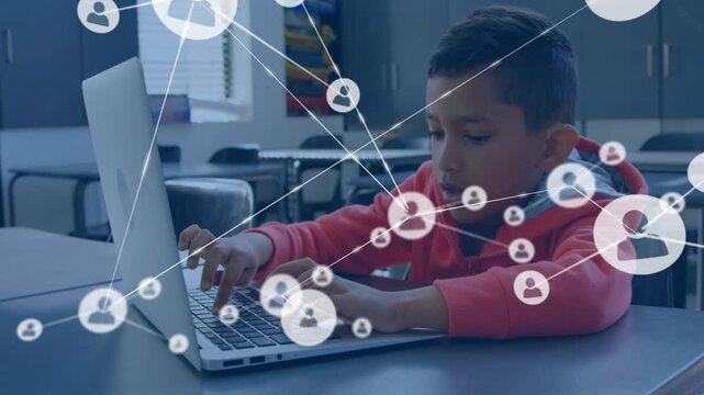 Boy typing on laptop studying, causing network nodes appearing by hands and filling foreground