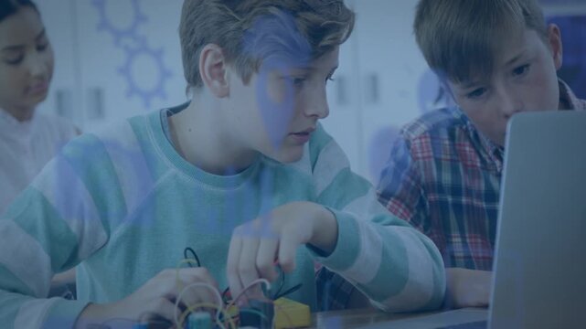 Two boys using laptop and adjusting wiring, tech overlay drifting across desk while testing circuit