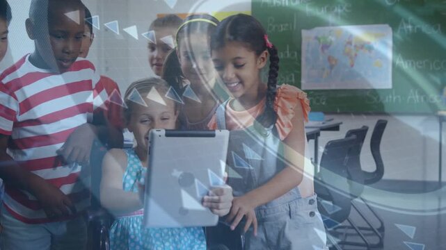 Seated child turning tablet drawing peers walking and leaning in school triangles circling overlay