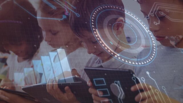 Tapping tablets, four children activating rotating HUD, circuitry and rising chart showing learning