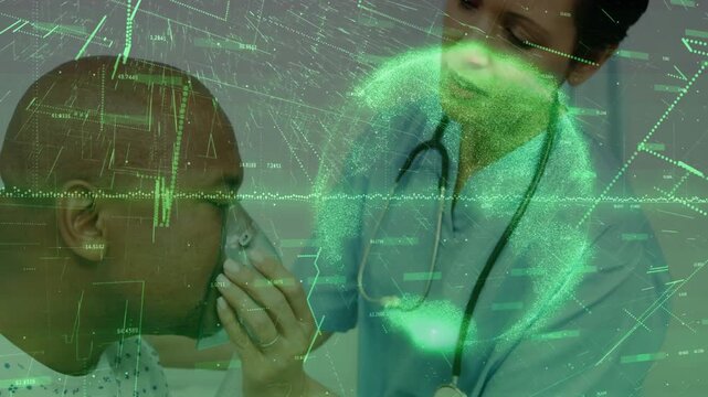 Nurse placing O2 mask, patient holding, adjusting for breathing with green waveform globe overlay