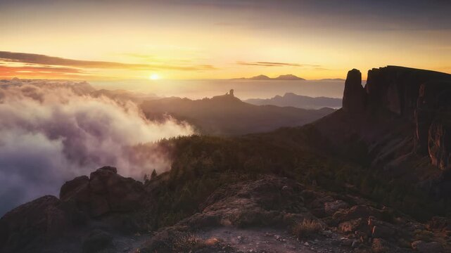 Spectacular sunrise over rugged mountain peaks and dense fog clouds in Roque Nublo Natural Park, Gran Canaria, Spain.