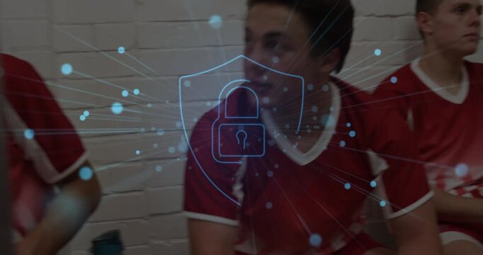 Teenage soccer team sitting, padlock appearing, shifting gaze, reaching backpack, exchanging item