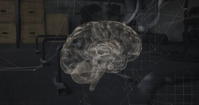 Male athlete doing step-ups in gym foot hitting bench causing 3D brain hologram syncing with motion