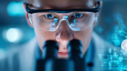 A scientist wearing protective glasses intensely observes through a microscope in a high-tech laboratory environment.