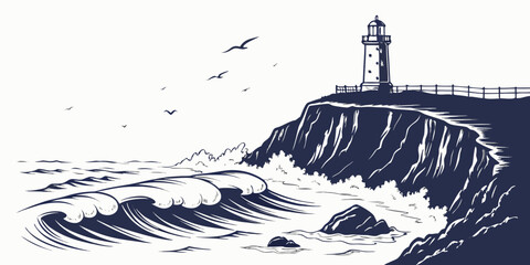 A lighthouse stands tall on a rocky cliff, guiding ships through stormy seas. © AG