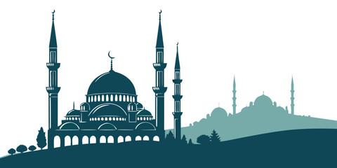 Majestic mosque with minarets and domes against a mountainous backdrop © AG