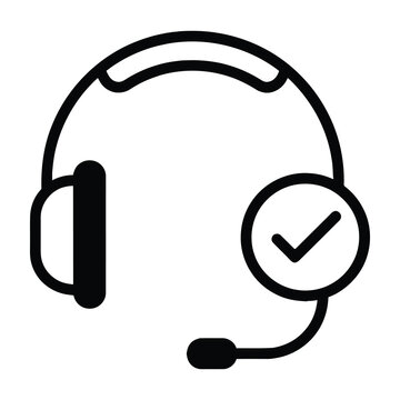 Black headphones with microphone and checkmark symbol illustration for communication and support concept