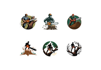 Fototapeta premium Lumberjack and Chainsaw Cutting logo Collection, Woodcutting Tree Trunk Logo editable vector Design 