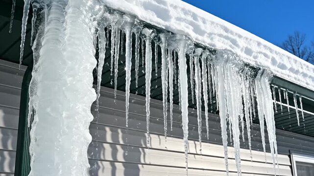 Frozen icicles on a house roof and gutter in winter.