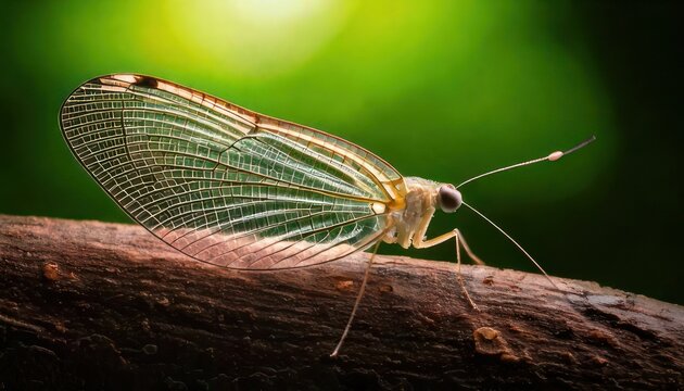 Delicate Owlfly Resting on a Branch in Lush Greenery.
