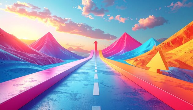 Vibrant road to success with colorful mountains and sky.