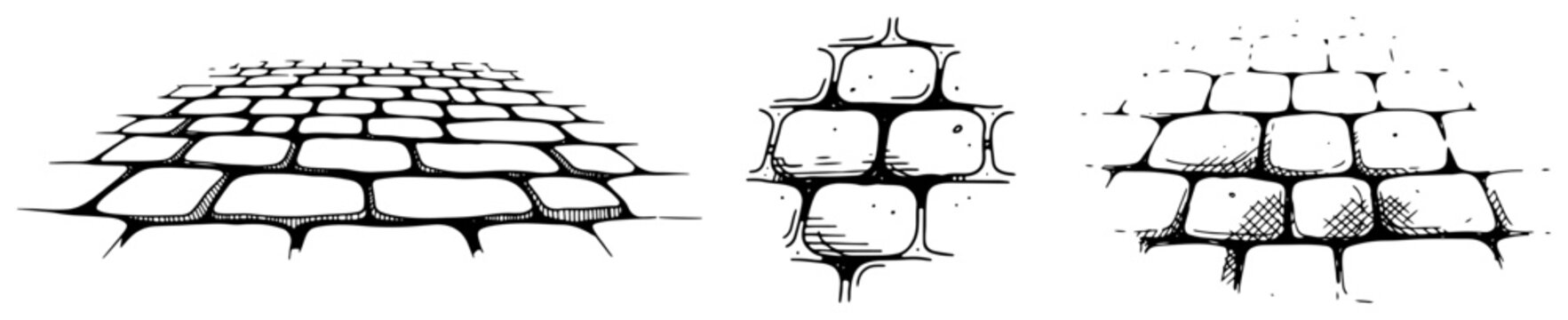 Collection of hand drawn cobblestone textures and stone wall patterns in sketch style