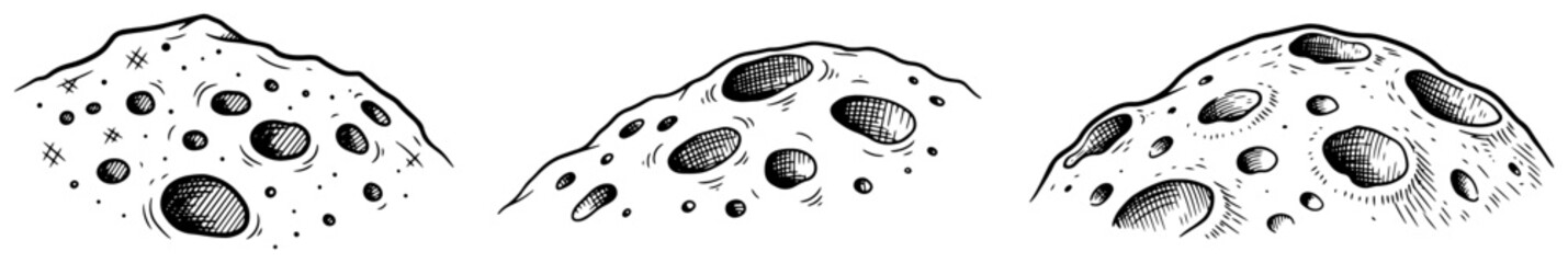 Hand drawn set of craters on the moon surface in vintage engraving style © Logan