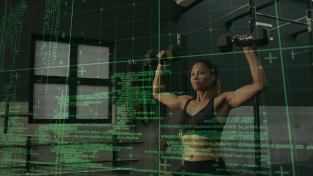 Woman pressing dumbbells from shoulder hold for fitness, green grid overlay partly obscuring frame