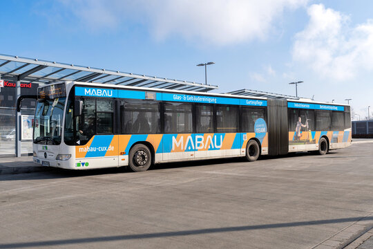 Cuxhaven, Germany - February 18, 2026: KVG Mercedes-Benz Citaro articulated bus at Cuxhaven central bus station