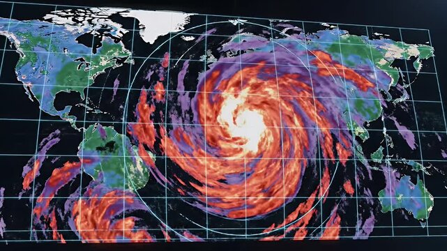 Weather Radar Interface Displaying Storm - Animated weather radar interface displays a swirling heat map storm over a dark grid on a world map, illustrating global meteorology.