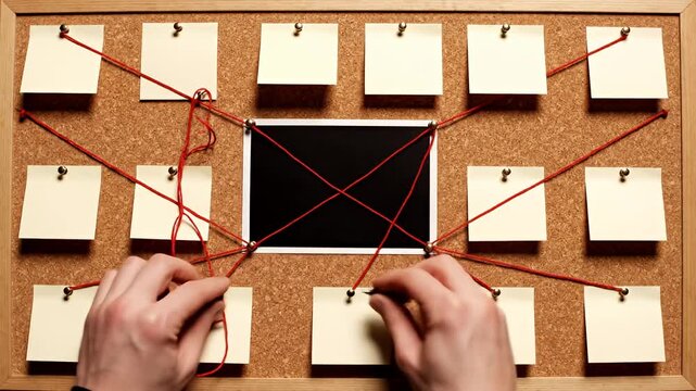 Hands connecting red string on a cork board with blank notes