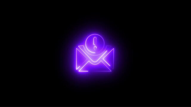 Neon or color message icon animation. Glowing neon inside envelope coin dollar or exclamation mark symbol icon. Glowing neon  icon animation on black background 4k video.