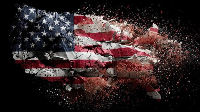 American Dream Shattered: A distressed, artistic depiction of the United States, fractured and dissolving, symbolizes the fragility of a nation, evoking themes of division and collapse.
