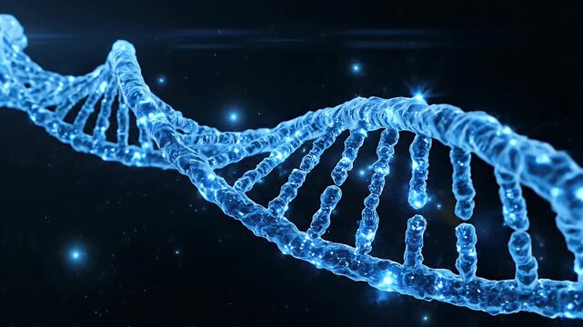 Blue DNA Helix Structure - An abstract 3D video of a blue DNA helix structure floats against a black background. The double helix is illuminated with points of light.