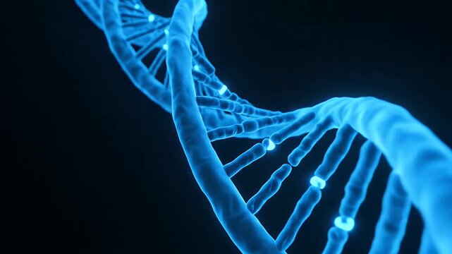 Blue DNA Helix on Black - A close-up shot of a blue DNA double helix structure against a black background. The helix has visible nucleotides.