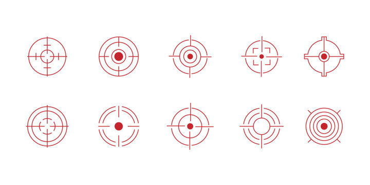 Target Crosshair Icons Set, Aim Reticle Scope Focus Symbol Vector Collection .crosshair target scope sight icon with gaming tactical and camera focus reticles.eps10