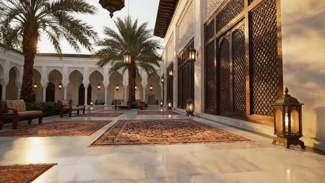 Serene arabian courtyard ambiance with lanterns, palms and ornate lattice facades