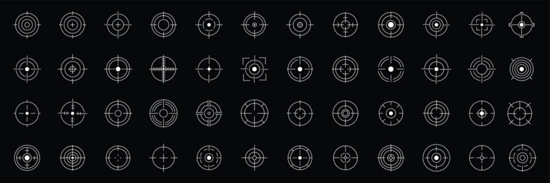 Target Crosshair Icons Set, Aim Reticle Scope Focus Symbol Vector Collection .crosshair target scope sight icon with gaming tactical and camera focus reticles.eps10